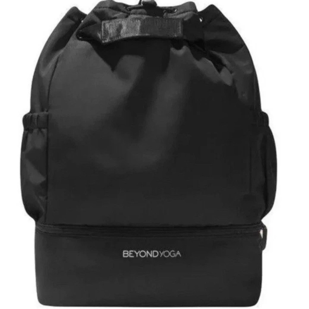 Beyond Yoga Black Drawstring Backpack with Front Zip Compartment